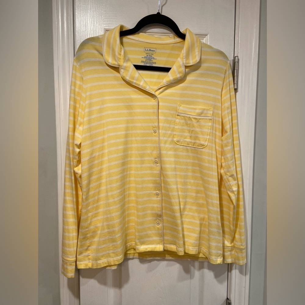 L.L. Bean Size M Long Sleeve Yellow White Stripe Button Down Collared Pajama Top